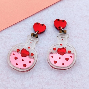 Love Potion Earrings, Valentine's Day, Gift for Her, Pink Elixir, Red Hearts, Clear Bottle, Cute Lightweight, Hypoallergenic Stainless Steel