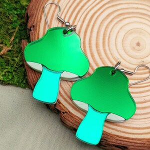 Green Mushroom Earrings, Parrot Wax Cap, Shiny Lightweight Acrylic Statement Jewelry, Stainless Steel, Fungus Nature Theme
