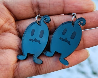 Krobus Earrings, Shiny Black Acrylic Jewelry, Drop Dangle Earrings, Cute Kawaii Engraved Design, Gamer Girl Gift for Her, Stainless Steel
