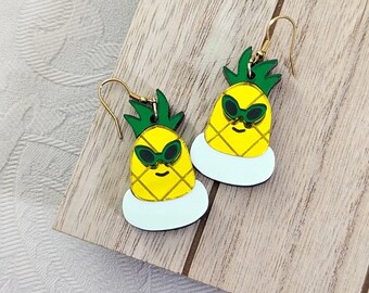 Summer Pineapple Earrings, Yellow and Green, Shiny Lightweight Acrylic Jewelry, Stainless Steel, Floating Fruit, Inner Tube, Sunglasses