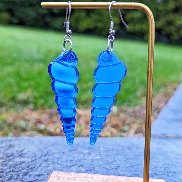 Blue Shell Pendant and Dangle Earring, Stainless Steel 18 inch Necklace, Hooks, Post Studs, Huggies, Clip-Ons, Shiny Acrylic, Light Weight