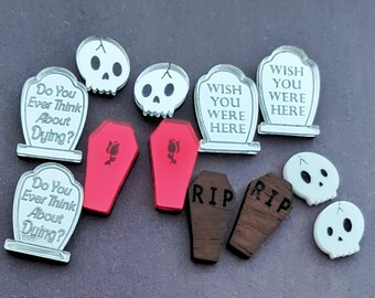 Graveyard Halloween Stud Earrings, Tombstones, Coffins, Skulls, Shiny Acrylic with Hypoallergenic Stainless Steel Posts