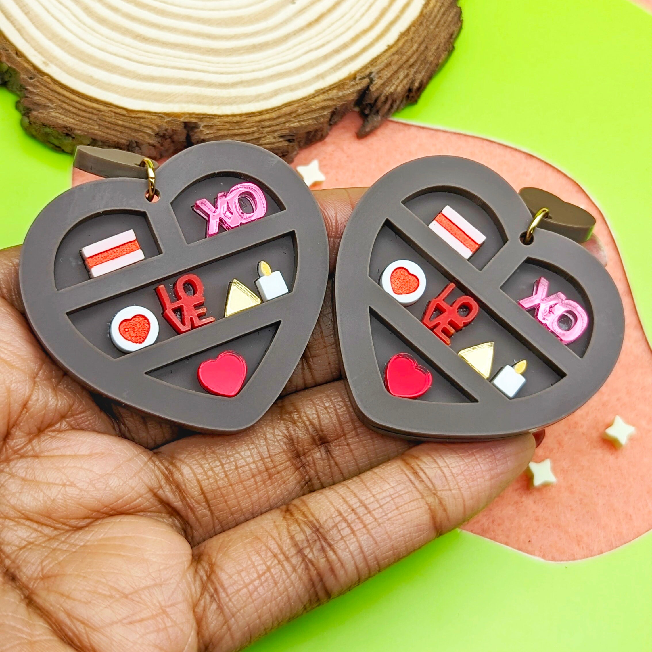 Heart Bookshelf Earrings, Chocolate Brown, Lightweight Acrylic ...