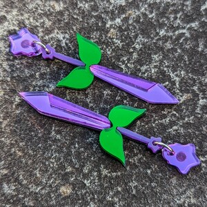 Purple Sword Earrings, Mirror Acrylic with Hypoallergenic Stainless Steel Posts