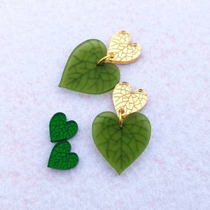 Heart Leaf Earrings, Green Shiny and Matte Acrylic Jewelry, Plant Lover, Stud and Drop Dangle Earrings, Engraved Design, Stainless Steel