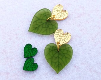 Heart Leaf Earrings, Green Shiny and Matte Acrylic Jewelry, Plant Lover, Stud and Drop Dangle Earrings, Engraved Design, Stainless Steel
