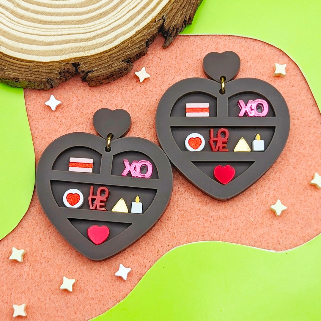 Heart Bookshelf Earrings, Chocolate Brown, Lightweight Acrylic ...