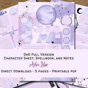 Astro Lilac - DnD 5e Full Version Charactersheet, Spellbook, and Session Notes Basic 5 Pages Direct Download Printable PDF