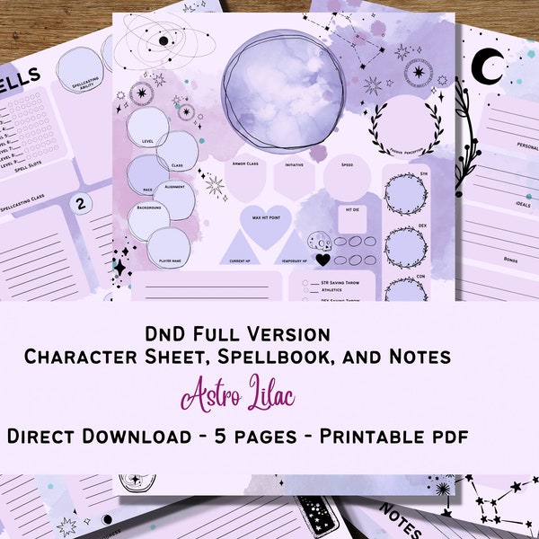 Astro Lilac - DnD 5e Full Version Charactersheet, Spellbook, and Session Notes Basic 5 Pages Direct Download Printable PDF