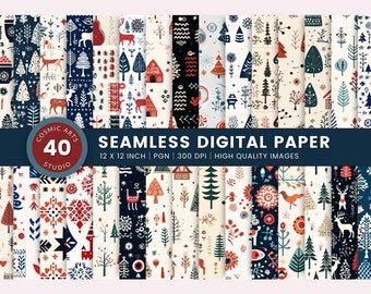May include: A set of 40 digital paper patterns featuring a Scandinavian winter theme. The patterns include various designs with red, blue, white, and green colors. The patterns are seamless and can be used for crafting, scrapbooking, and other creative projects.