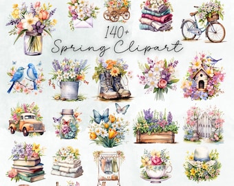 Hello Spring Clipart PNG Collection, Watercolor Boho Cottagecore png for Scrapbooking, Cardstock, or Invitations 300dpi Transparent Clipart