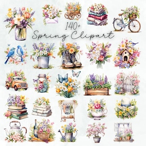 Hola Primavera Clipart PNG Colección, Acuarela Boho Cottagecore png para Scrapbooking, Cartulina o Invitaciones 300dpi Clipart Transparente