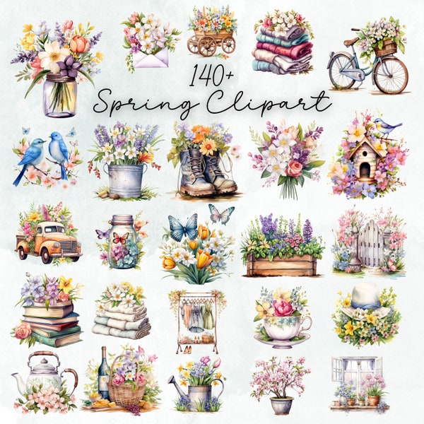 Hello Spring Clipart PNG Collection, Watercolor Boho Cottagecore png for Scrapbooking, Cardstock, or Invitations 300dpi Transparent Clipart