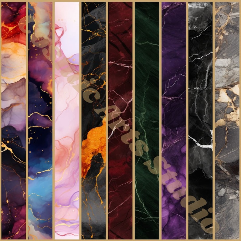 May include: A set of 8 digital paper textures featuring various marble and abstract patterns in shades of blue, pink, gold, black, green, and purple. These digital papers are perfect for creating backgrounds, scrapbooking, and other creative projects.