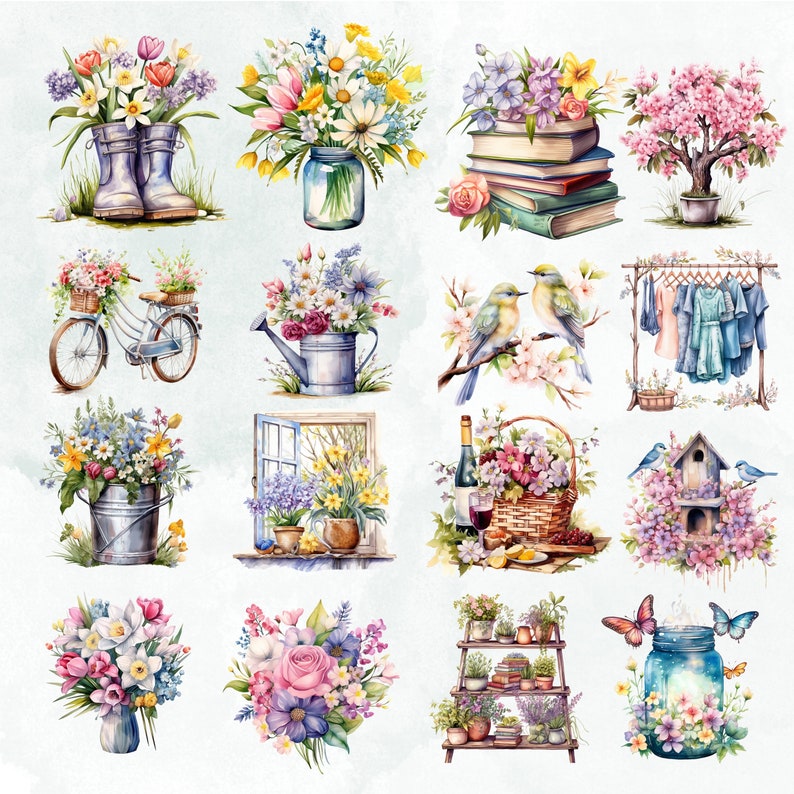 May include: A collection of watercolor illustrations featuring floral arrangements, birds, bicycles, and other nature-inspired designs. The illustrations are painted in a vintage style and feature a variety of colors, including pink, blue, green, and yellow.