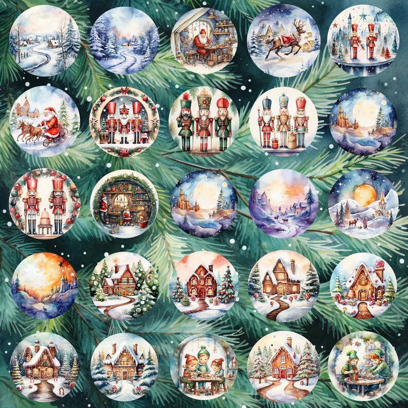 K&ouml;nnte beinhalten: Ein Set mit 24 Aquarell-Weihnachtskugeln mit verschiedenen Winterszenen, darunter ein verschneites Dorf, ein Weihnachtsbaum, ein Nussknacker und ein Weihnachtsmann. Die Kugeln sind in einem verspielten Stil mit leuchtenden Farben und filigranen Details gemalt.