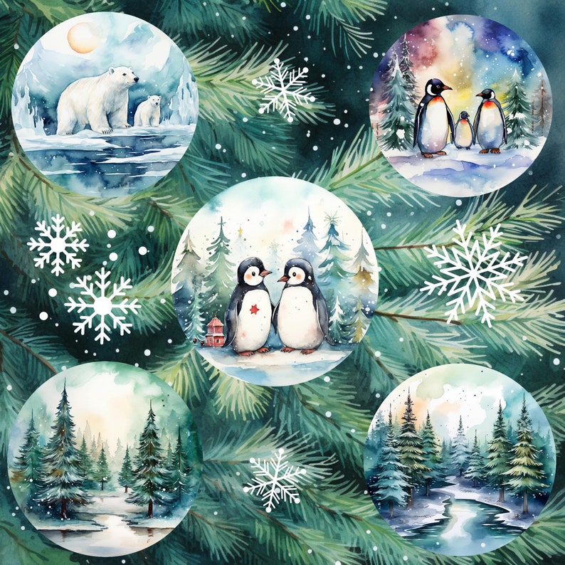 K&ouml;nnte beinhalten: Eine Aquarell-Illustration einer Winterszene mit Pinguinen, Eisb&auml;ren und Schneeflocken. Die Illustration ist in sechs Abschnitte unterteilt, die jeweils eine andere Szene zeigen. Der obere linke Abschnitt zeigt einen Eisb&auml;ren und ein Junges, die auf einer schneebedeckten Landschaft laufen. Der obere rechte Abschnitt zeigt drei Pinguine, die auf einer schneebedeckten Landschaft stehen. Der untere linke Abschnitt zeigt zwei Pinguine, die auf einer schneebedeckten Landschaft stehen. Der untere rechte Abschnitt zeigt eine schneebedeckte Landschaft mit B&auml;umen. Der mittlere linke Abschnitt zeigt eine schneebedeckte Landschaft mit B&auml;umen. Der mittlere rechte Abschnitt zeigt eine schneebedeckte Landschaft mit B&auml;umen.