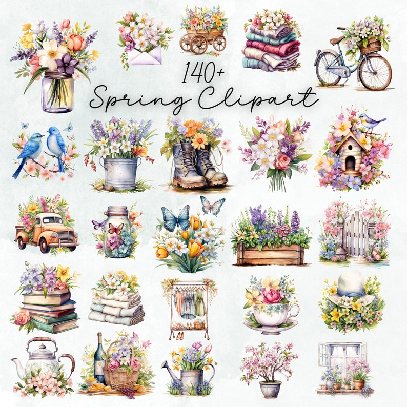 May include: A collection of 140+ spring clipart images featuring flowers, birds, gardening tools, and other springtime elements. The images are painted in a watercolor style and are perfect for adding a touch of spring to your projects.