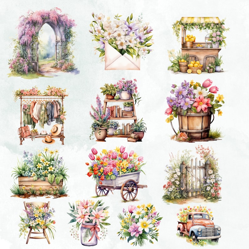 May include: A collection of watercolor illustrations featuring floral arrangements, a clothes rack, a bookshelf, a garden gate, a lemonade stand, and a vintage truck. The illustrations are painted in a soft, romantic style with a focus on delicate details.