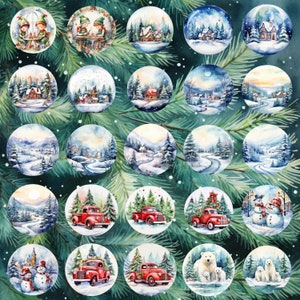 K&ouml;nnte beinhalten: Eine Sammlung von 24 Aquarell-Illustrationen von Winterszenen, die jeweils ein anderes Urlaubsthema darstellen. Die Illustrationen sind in einem Kreis angeordnet, mit einem gr&uuml;nen Hintergrund und wei&szlig;en Schneeflocken. Einige der Szenen zeigen Schneem&auml;nner, Weihnachtsb&auml;ume, H&auml;user und Winterlandschaften.