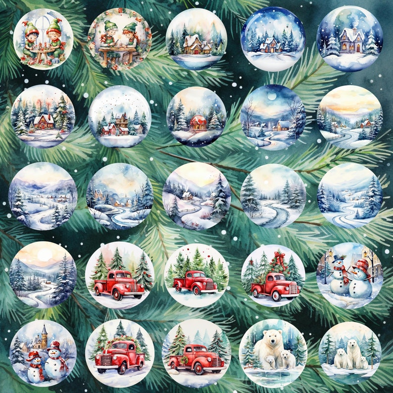 K&ouml;nnte beinhalten: Eine Sammlung von 24 Aquarell-Illustrationen von Winterszenen, die jeweils ein anderes Urlaubsthema darstellen. Die Illustrationen sind in einem Kreis angeordnet, mit einem gr&uuml;nen Hintergrund und wei&szlig;en Schneeflocken. Einige der Szenen zeigen Schneem&auml;nner, Weihnachtsb&auml;ume, H&auml;user und Winterlandschaften.