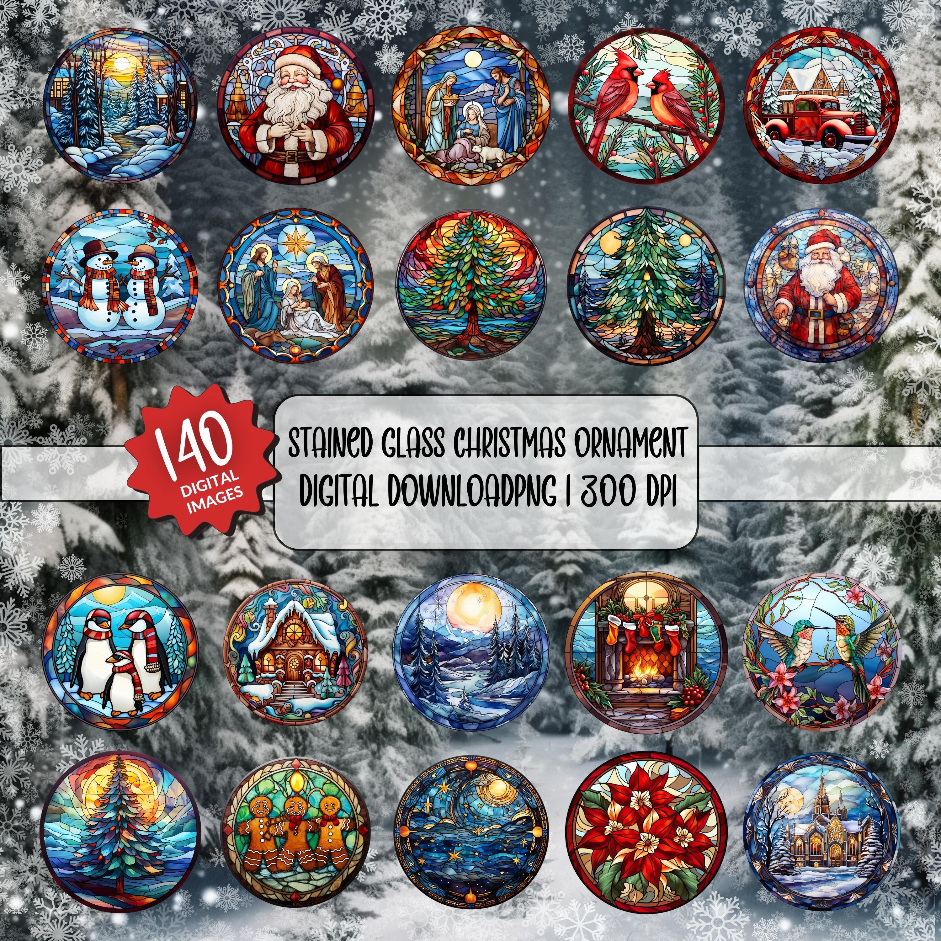 Stained Glass Christmas Ornaments, Round Ornament Bundle PNG Sublimation Designs, Christmas PNG Bundle, Christmas Digital Download