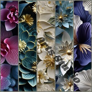 May include: A collage of five different paper flower arrangements. The flowers are made of paper and have a variety of colors, including pink, blue, white, and gold. The flowers are arranged in a way that creates a sense of depth and dimension.