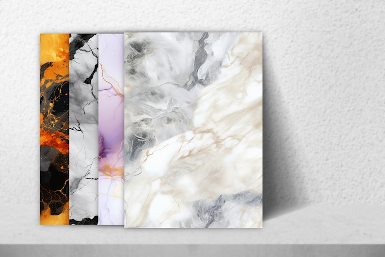 May include: Four different abstract art prints with a marble effect. The prints are in shades of gray, white, purple, and orange with gold accents.