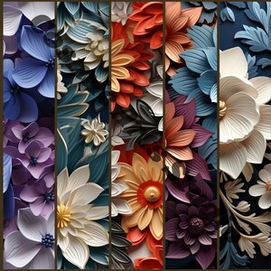 May include: A collage of colorful paper flowers in various shades of blue, purple, red, orange, white, and green. The flowers are arranged in a symmetrical pattern and have a 3D effect.