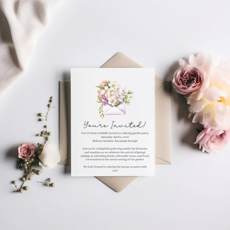 May include: A floral invitation card with a watercolor illustration of a bouquet of flowers in an envelope. The text on the card reads "You're Invited!" and includes details about a spring garden party on Saturday, April 6, 2024 at Melrose Gardens in Savannah, Georgia.