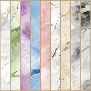 May include: A digital collage of ten vertical strips of marble-like patterns in various colors, including green, purple, blue, pink, white, and gray.