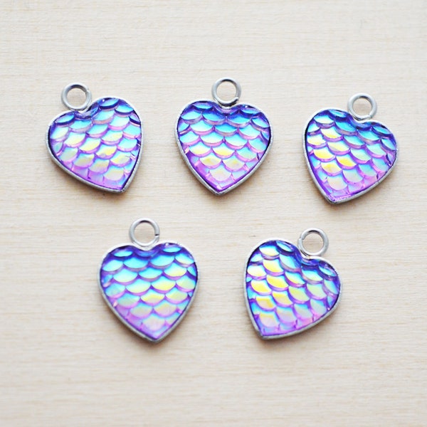 Purple Mermaid Heart Charm - Lilac Mermaid Scales Heart Charm - Stainless Steel Heart Charm - Set of 5 - Stainless Steel Charm