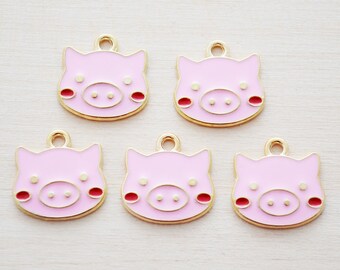 Enamel Animal Charms - Pig Charm for Bracelet - Gold Enamel Charms - Set of 5 - Pink Pig Charm