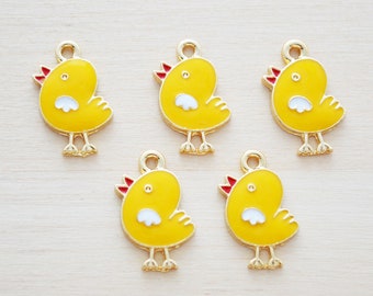 Yellow Enamel Chicken Charm - Enamel Animal Charms - Yellow Chick - Cute Charms for Jewelry Making - Set of 5 - Crazy Chicken Lady Gift
