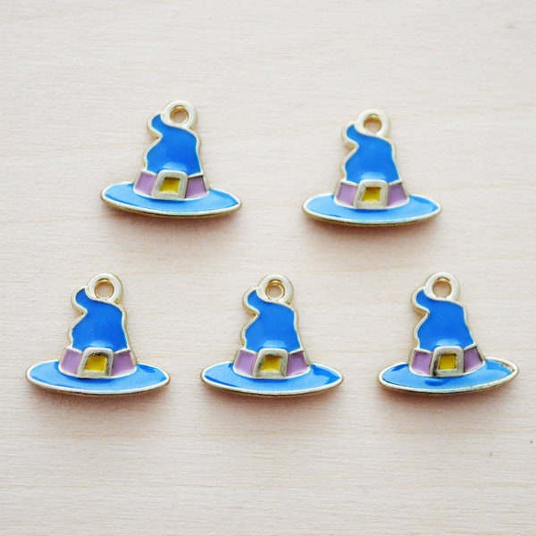 Blue Wizard Hat Charms - Blue Witch Hat Charms - Gold Keychain Enamel Charms - Set of 5 - Spooky Halloween Charms