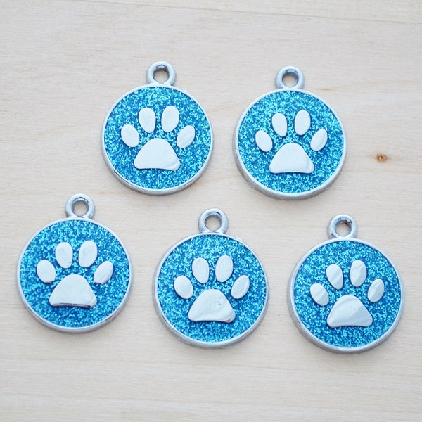 Light Blue Enamel Dog Charm - Blue Glitter Paw Print Charms - Cat Charms - Dog Mom Keychain