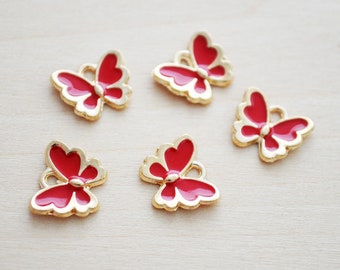 Red Enamel Charms Enamel Butterfly Pendant Set of 5 Red Butterfly Charms Gold Keychain Charms