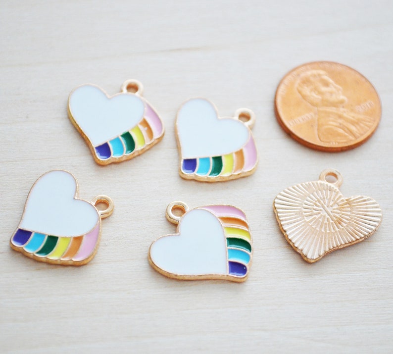 Set of 5 Rainbow Heart Enamel Charms Rainbow Heart Charms Gold Enamel Charms