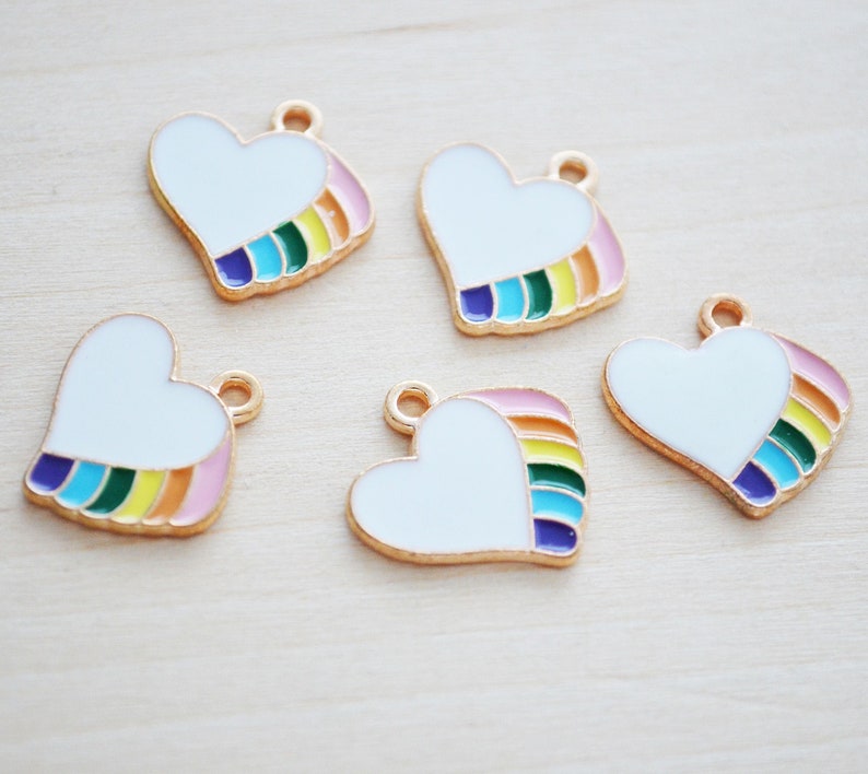 Set of 5 Rainbow Heart Enamel Charms Rainbow Heart Charms Gold Enamel Charms