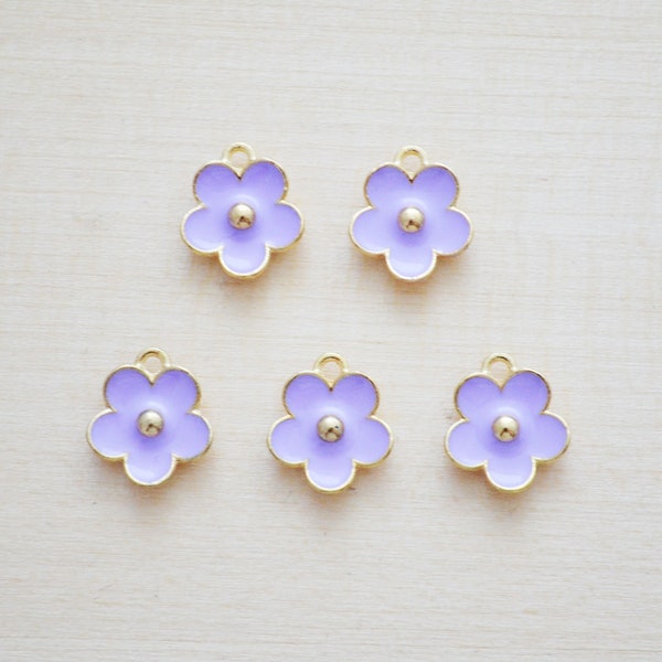 Purple Daisy Charms - Set of 5 Lilac Flower Charms - Enamel Charms for Jewelry Making - Mini Daisy Pendants