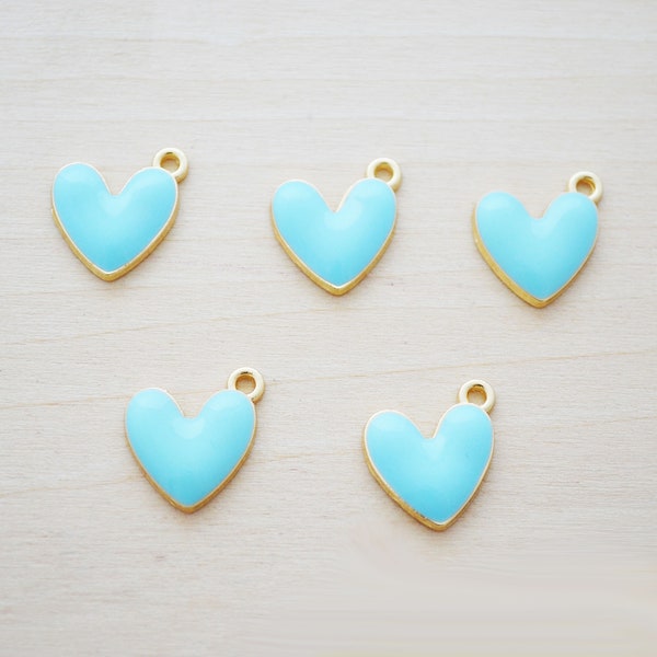 Sky Blue Heart Charm - Puffy Blue Heart Bridal Pendant - Something Blue Enamel Charms - Gold Heart Charms for Jewelry Making - Set of 5