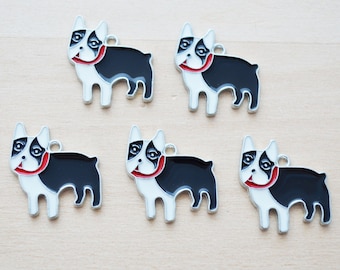 Boston Terrier Charms - Enamel Dog Charms - French Bulldog - Set of 5 - Enamel Animal Silver Charms for Jewelry Making