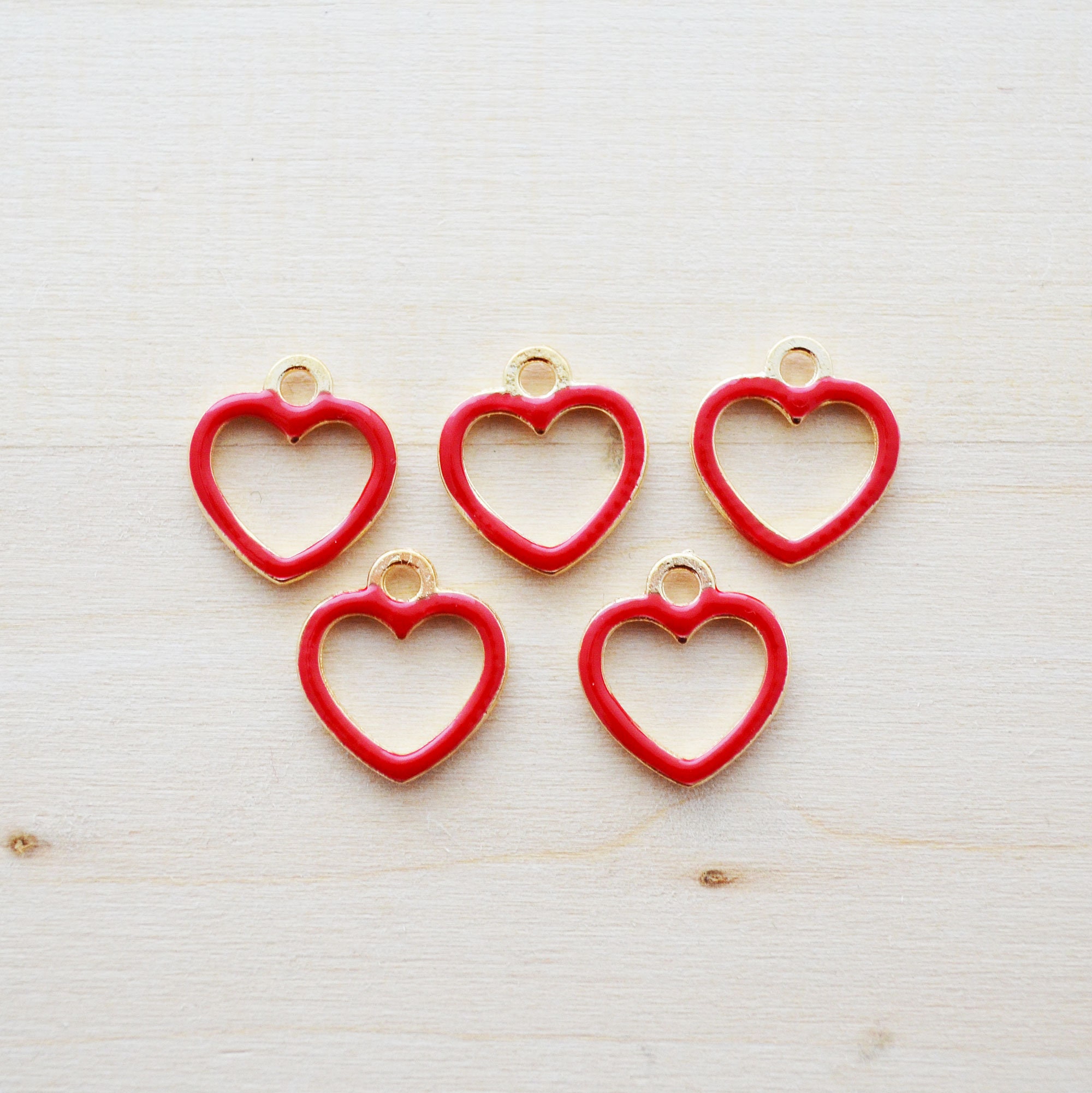 Red Heart Charms Gold Enamel Charms Set of 5 Red Heart Etsy