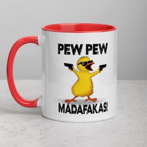 Pew Pew Madafakas - Taza de pollito divertido - Jugador- Amante de los animales - Café de pájaro loco - Taza de pájaro gángster - Idea de regalo divertida - Taza zurda y derecha