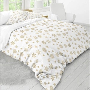 Gold Snowflakes Duvet Cover, Natural Cotton Christmas Bedding Set, King/Queen/Double/Full/Twin Comforter Covers and Pillowcase, Xmas Sham.