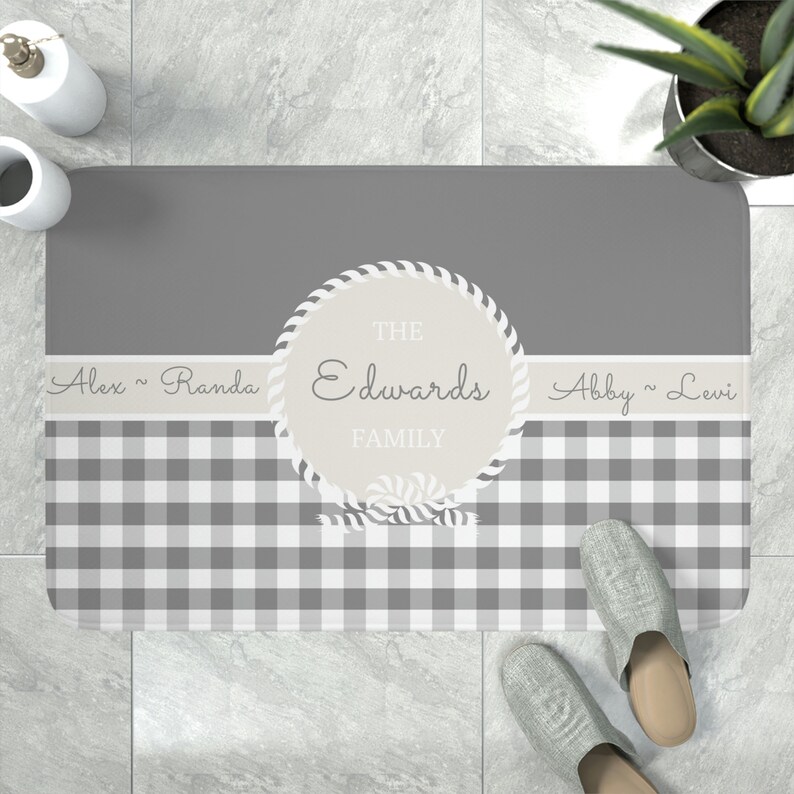 Personalized Family Name Shower Curtain and Memory Foam Bath Mat Set, Gray Buffalo Plaid Long