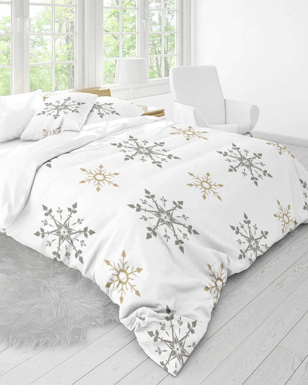 Snowflakes Duvet Cover, Natural Cotton King/queen/double/full/twin