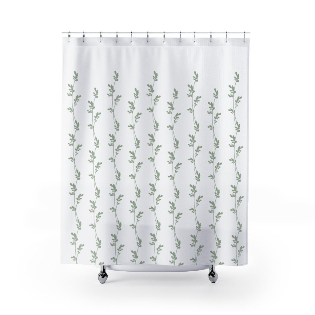 Sage Green Leaves Shower Curtain, Extra Long Boho Shower Curtain, Farmhouse Shower Curtain