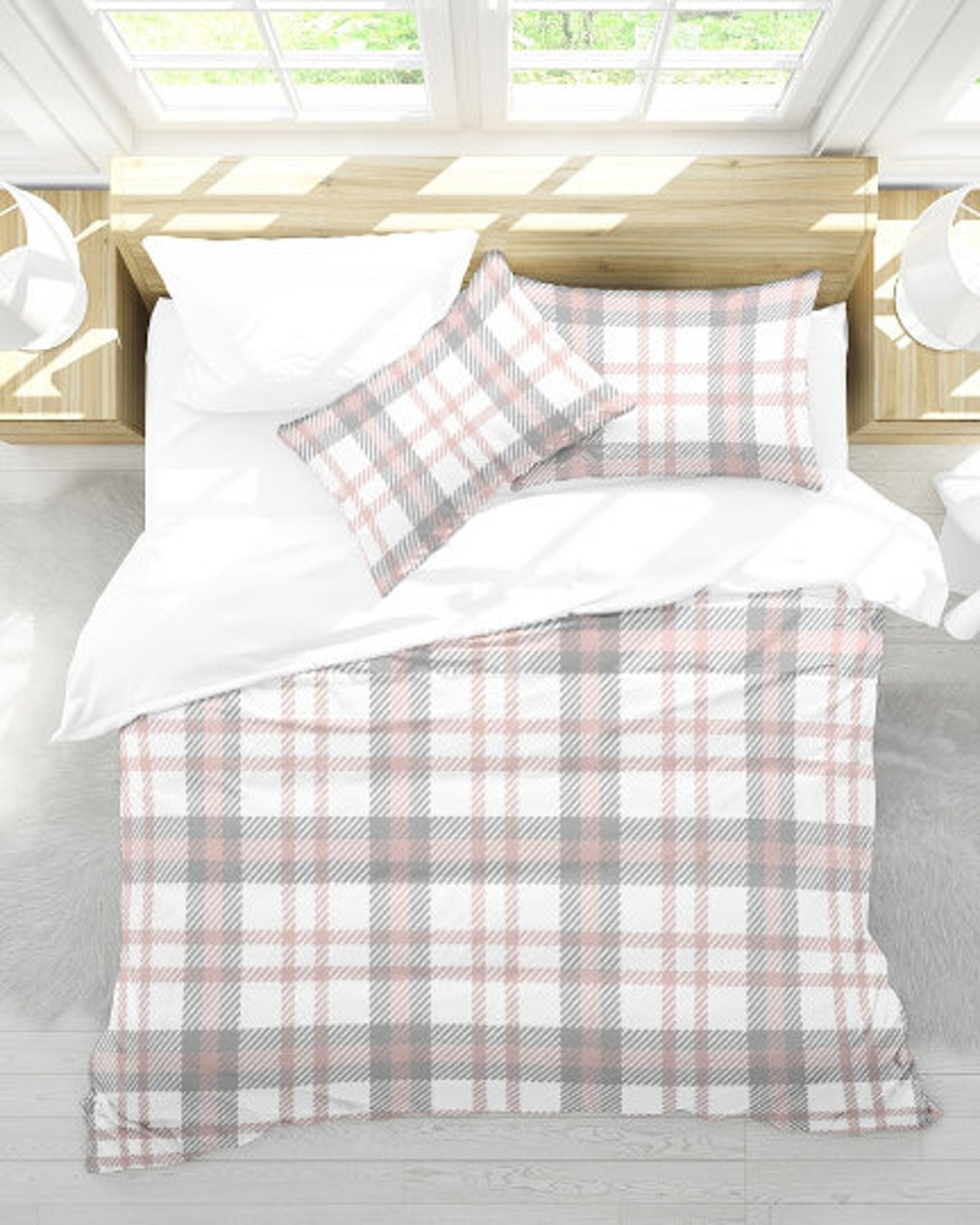 Pink Gray Plaid Duvet Cover Set Pastel Buffalo Check 100 Etsy