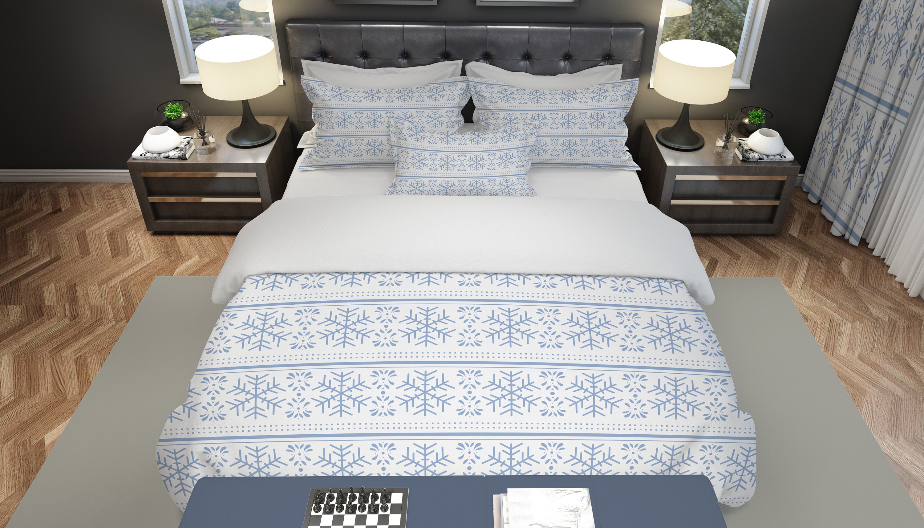 Blue Snowflake Duvet Cover, Snowflakes Cotton Comforter Covers and